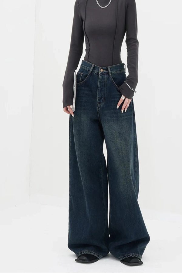 Chic Oversized Dark Wash Wide-Leg Jeans for Y2K and Grunge Aesthetics