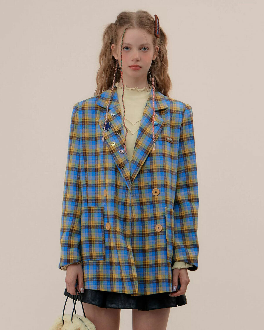 Chic Oversized Plaid Blazer for Y2K Fashion & Coquette Aesthetic