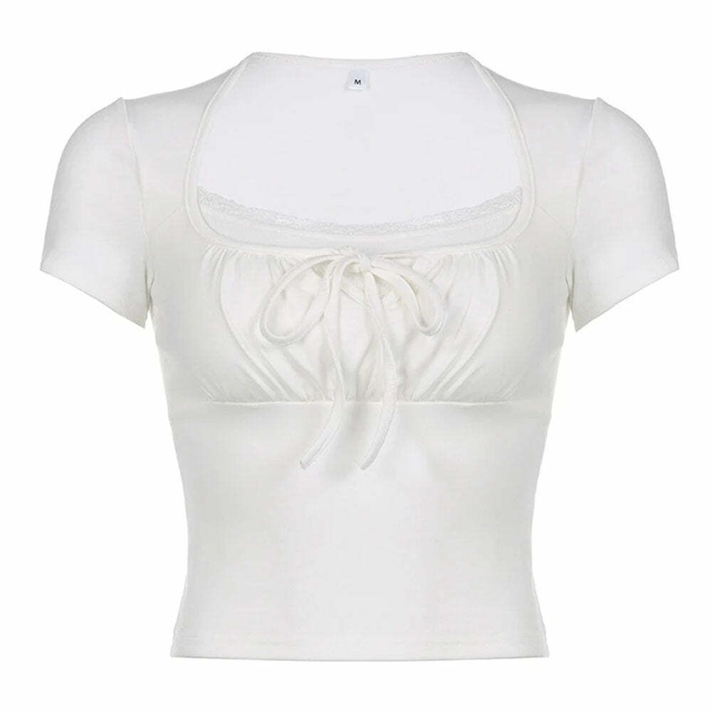 Chic Parisian Lace Ruched Crop Top for Y2K Aesthetic Outfits