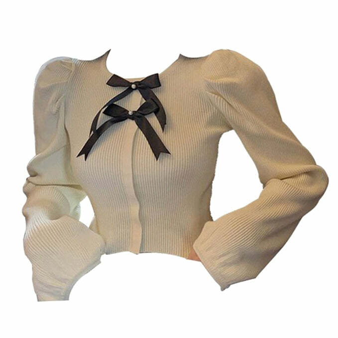 Chic Parisian Ribbed Top with Bows - Y2K Fashion Essential