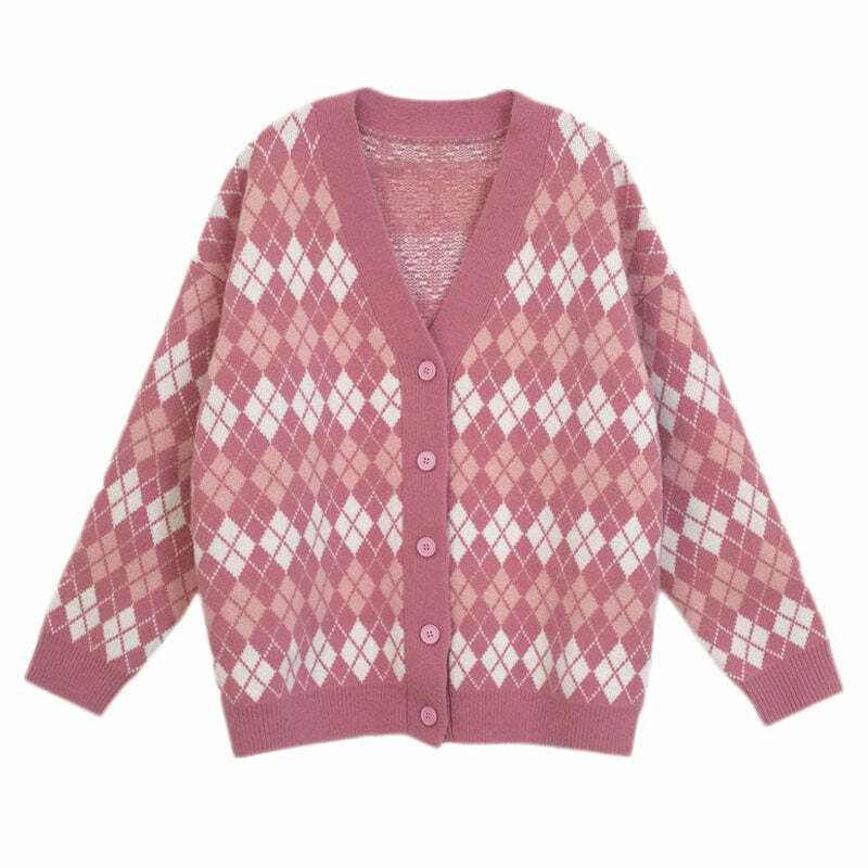 Chic Pink Argyle Knit Cardigan for Y2K and Coquette Aesthetic Styles