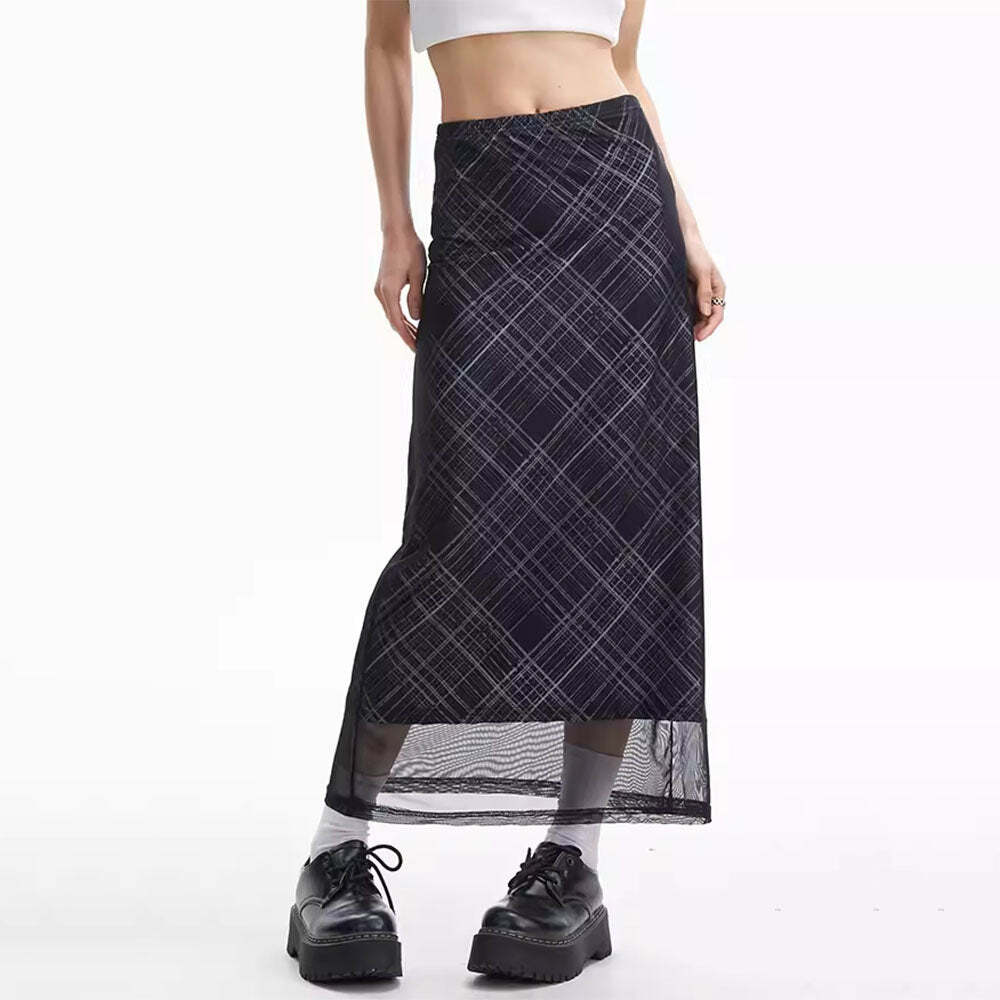 Chic Plaid Maxi Skirt for Y2K Aesthetic & Grunge Style Outfits