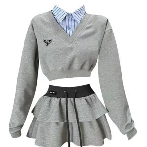 Chic Preppy Layered Ruffle Skirt Set for Y2K Aesthetic Outfits