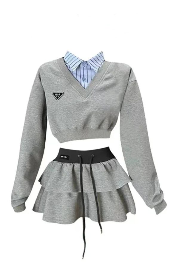 Chic Preppy Layered Ruffle Skirt Set for Y2K Aesthetic Outfits