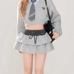 Chic Preppy Layered Ruffle Skirt Set for Y2K Aesthetic Outfits