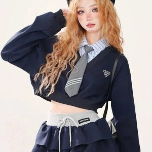 Chic Preppy Layered Ruffle Skirt Set for Y2K Aesthetic Outfits