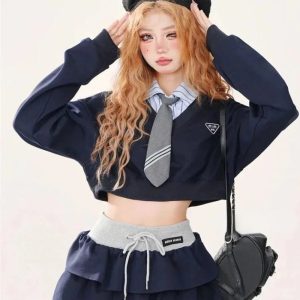 Chic Preppy Layered Ruffle Skirt Set for Y2K Aesthetic Outfits