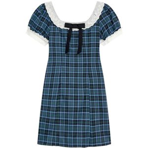 Chic Preppy Plaid Bow-Tie Dress for Y2K Aesthetic Lovers