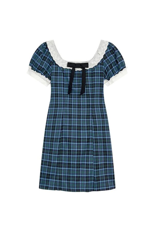 Chic Preppy Plaid Bow-Tie Dress for Y2K Aesthetic Lovers