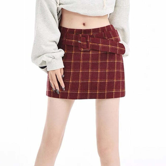 Chic Red Plaid Cargo Skirt for Y2K Aesthetic & Grunge Style Lovers