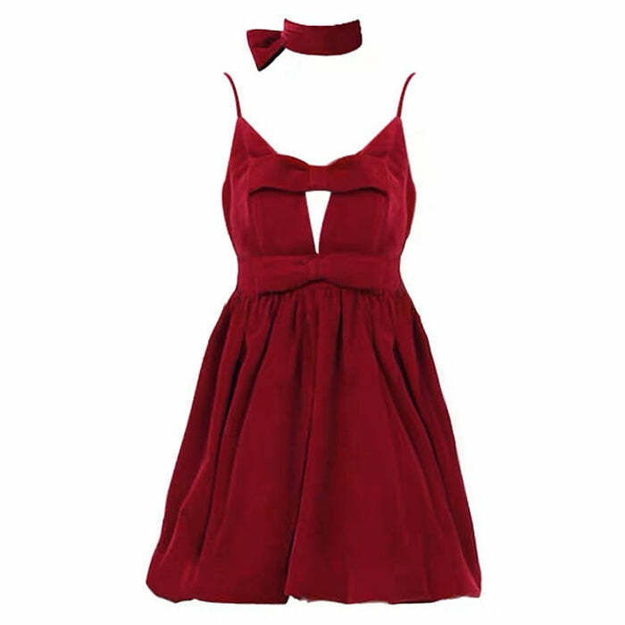 Chic Red Velvet Halter Dress for Y2K Aesthetic & Coquette Style