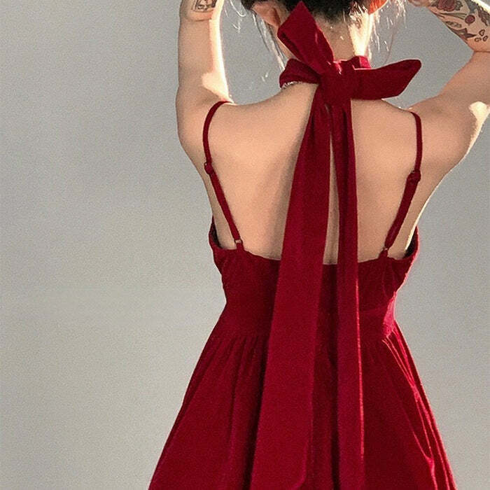 Chic Red Velvet Halter Dress for Y2K Aesthetic & Coquette Style