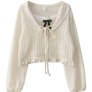 Chic Ribbon Charm Cropped Blouse for Y2K Aesthetic Outfits