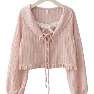 Chic Ribbon Charm Cropped Blouse for Y2K Aesthetic Outfits