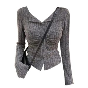 Chic Ruched Ribbed Button-Up Cardigan for Y2K and Coquette Aesthetic