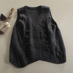 Chic Rustic Cable Knit Button Vest for Y2K and Coquette Aesthetic Styles