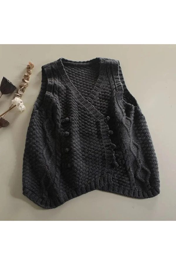 Chic Rustic Cable Knit Button Vest for Y2K and Coquette Aesthetic Styles