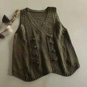 Chic Rustic Cable Knit Button Vest for Y2K and Coquette Aesthetic Styles