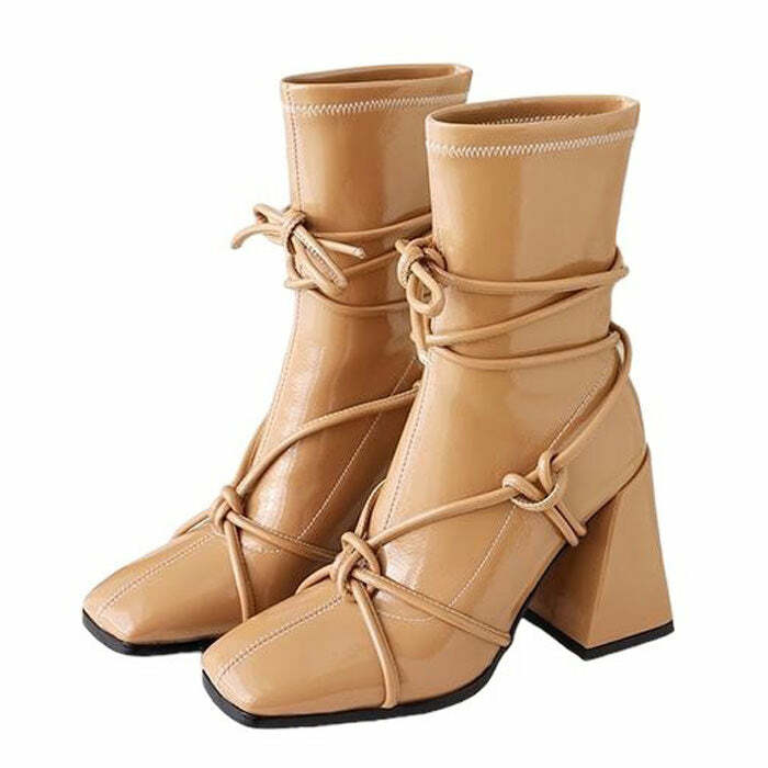 Chic Square Heel Lace-Up Ankle Boots for Y2K and Grunge Aesthetic