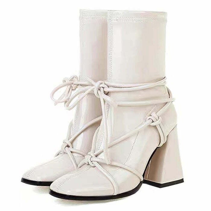 Chic Square Heel Lace-Up Ankle Boots for Y2K and Grunge Aesthetic