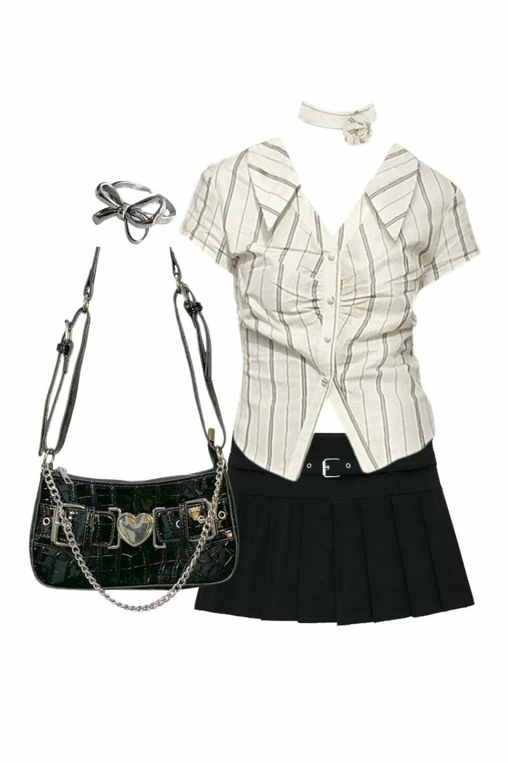 Chic Stripe Blouse & Zipper Skirt Set with Crossbody Bag - Y2K Aesthetic