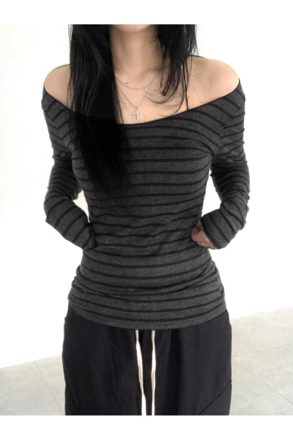 Chic Striped Off-Shoulder Knit Top for Y2K and Coquette Aesthetic