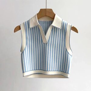 Chic Striped Preppy Knit Polo Top for Y2K and Coquette Aesthetic