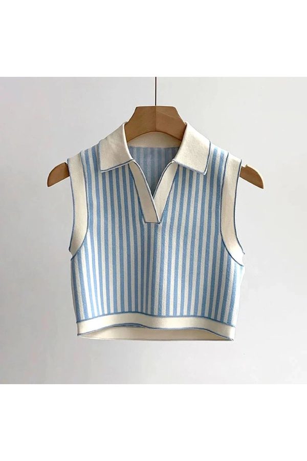 Chic Striped Preppy Knit Polo Top for Y2K and Coquette Aesthetic