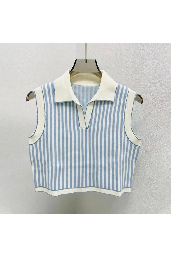 Chic Striped Preppy Knit Polo Top for Y2K and Coquette Aesthetic