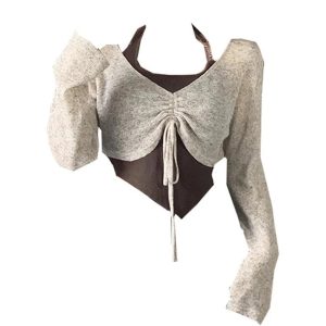 Chic Two-Tone Ruched Crop Sweater for Y2K and Coquette Aesthetic