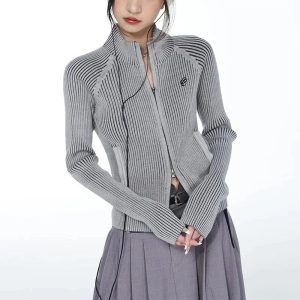 Chic Urban Ribbed Zip-Up Jacket for Y2K Aesthetic and Grunge Style