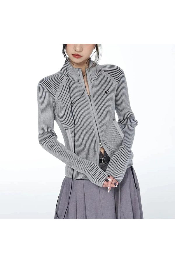 Chic Urban Ribbed Zip-Up Jacket for Y2K Aesthetic and Grunge Style