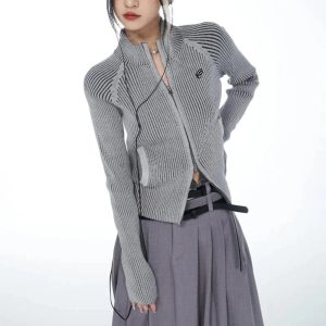 Chic Urban Ribbed Zip-Up Jacket for Y2K Aesthetic and Grunge Style