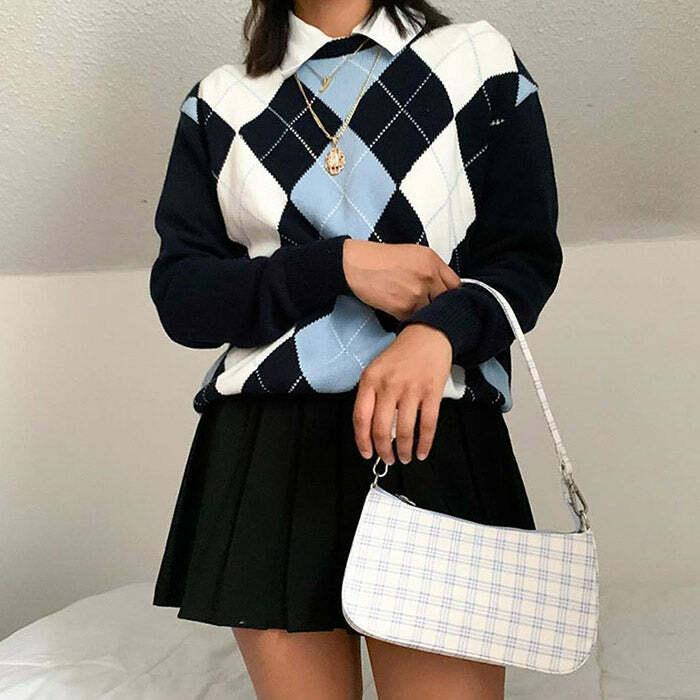 Chic Y2K Argyle Jumper for Preppy and Grunge Aesthetic Outfits