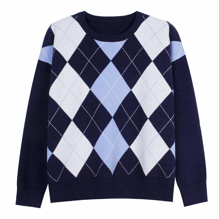 Chic Y2K Argyle Jumper for Preppy and Grunge Aesthetic Outfits