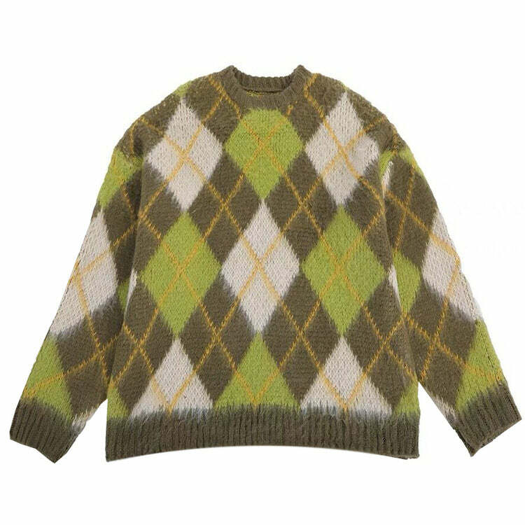 Chic Y2K Green Argyle Sweater for Cozy Aesthetic Outfits