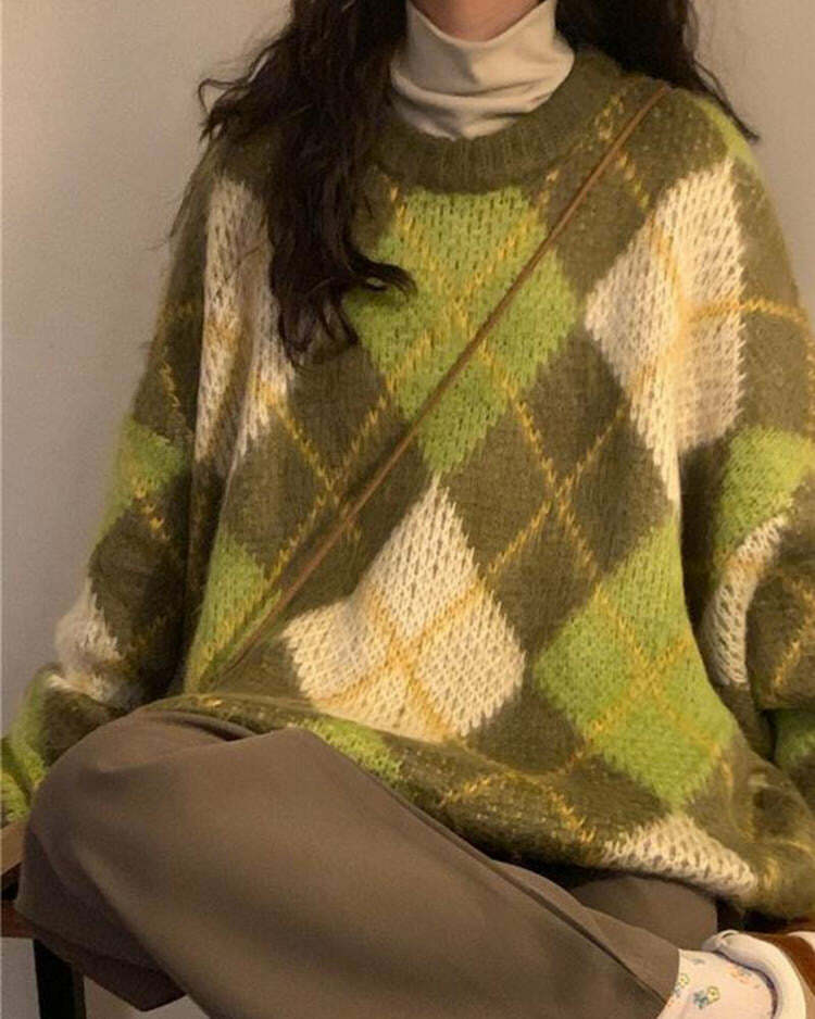 Chic Y2K Green Argyle Sweater for Cozy Aesthetic Outfits