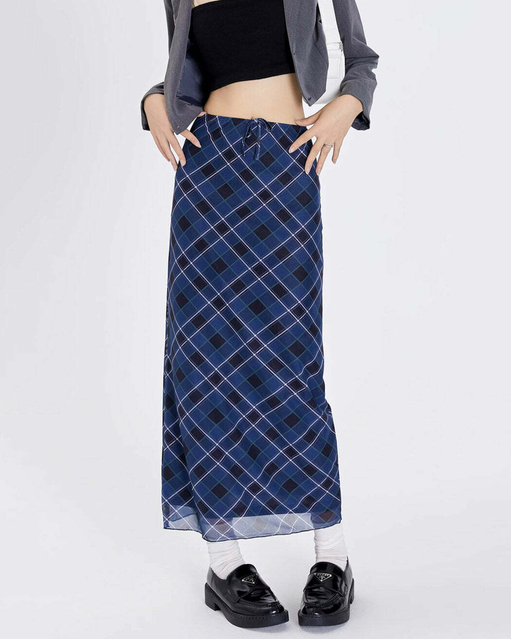 Chic Y2K Plaid Maxi Skirt in Blue for Trendy Aesthetic Outfits