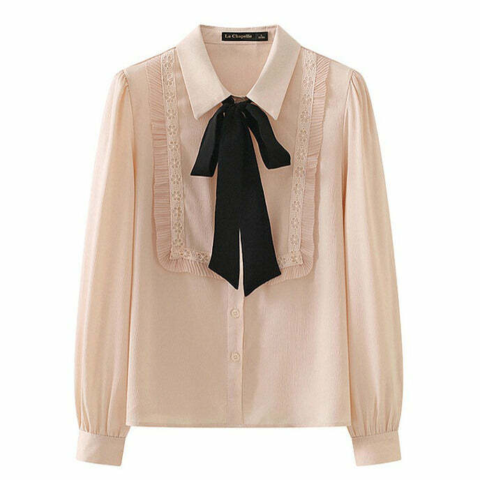 Chic Y2K Ruffle Bow Tie Neck Shirt for Coquette and Grunge Aesthetics