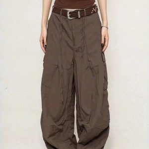 Chocolate Brown Y2K Parachute Cargo Pants for Trendy Aesthetic Outfits