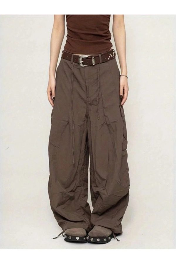 Chocolate Brown Y2K Parachute Cargo Pants for Trendy Aesthetic Outfits