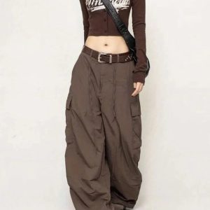 Chocolate Brown Y2K Parachute Cargo Pants for Trendy Aesthetic Outfits