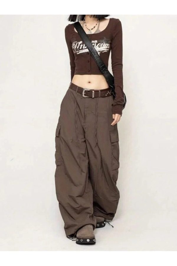 Chocolate Brown Y2K Parachute Cargo Pants for Trendy Aesthetic Outfits