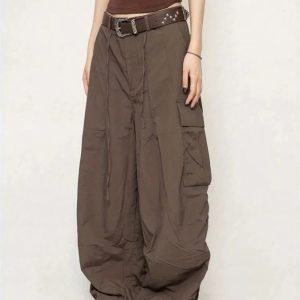 Chocolate Brown Y2K Parachute Cargo Pants for Trendy Aesthetic Outfits