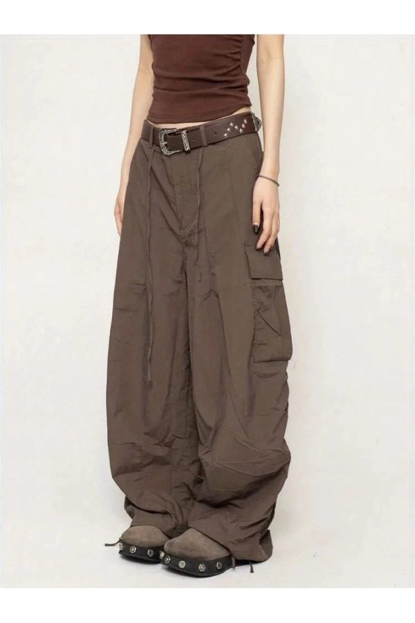 Chocolate Brown Y2K Parachute Cargo Pants for Trendy Aesthetic Outfits