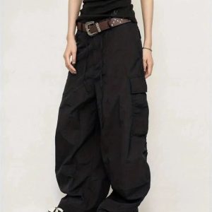 Chocolate Brown Y2K Parachute Cargo Pants for Trendy Aesthetic Outfits