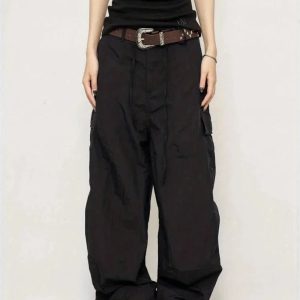 Chocolate Brown Y2K Parachute Cargo Pants for Trendy Aesthetic Outfits