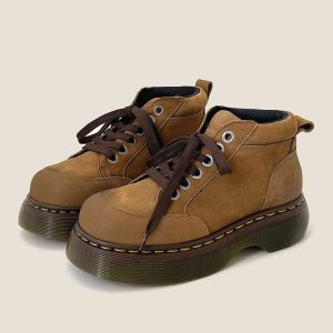 Chunky Brown Leather Lace-Up Boots for Y2K and Grunge Aesthetic Styles