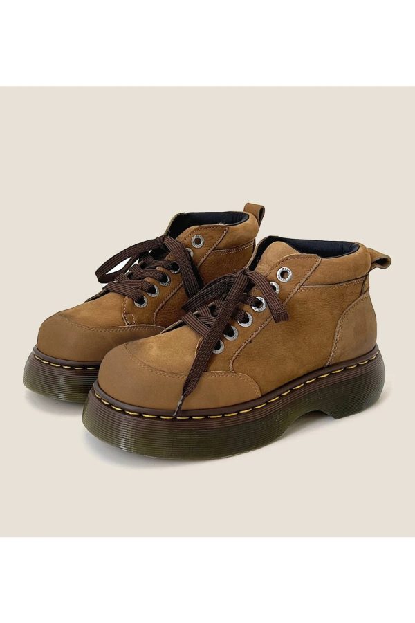 Chunky Brown Leather Lace-Up Boots for Y2K and Grunge Aesthetic Styles