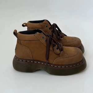 Chunky Brown Leather Lace-Up Boots for Y2K and Grunge Aesthetic Styles